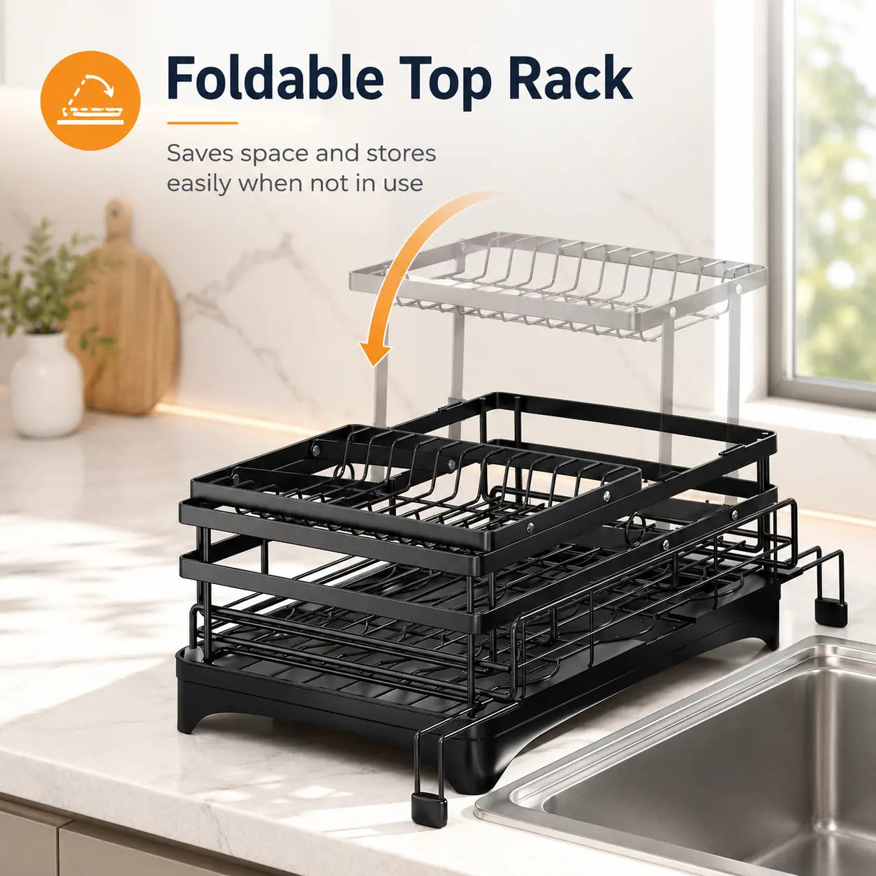 Space Saving Over Sink Dish Drying Rack with Expandable 2 Tier Organizer